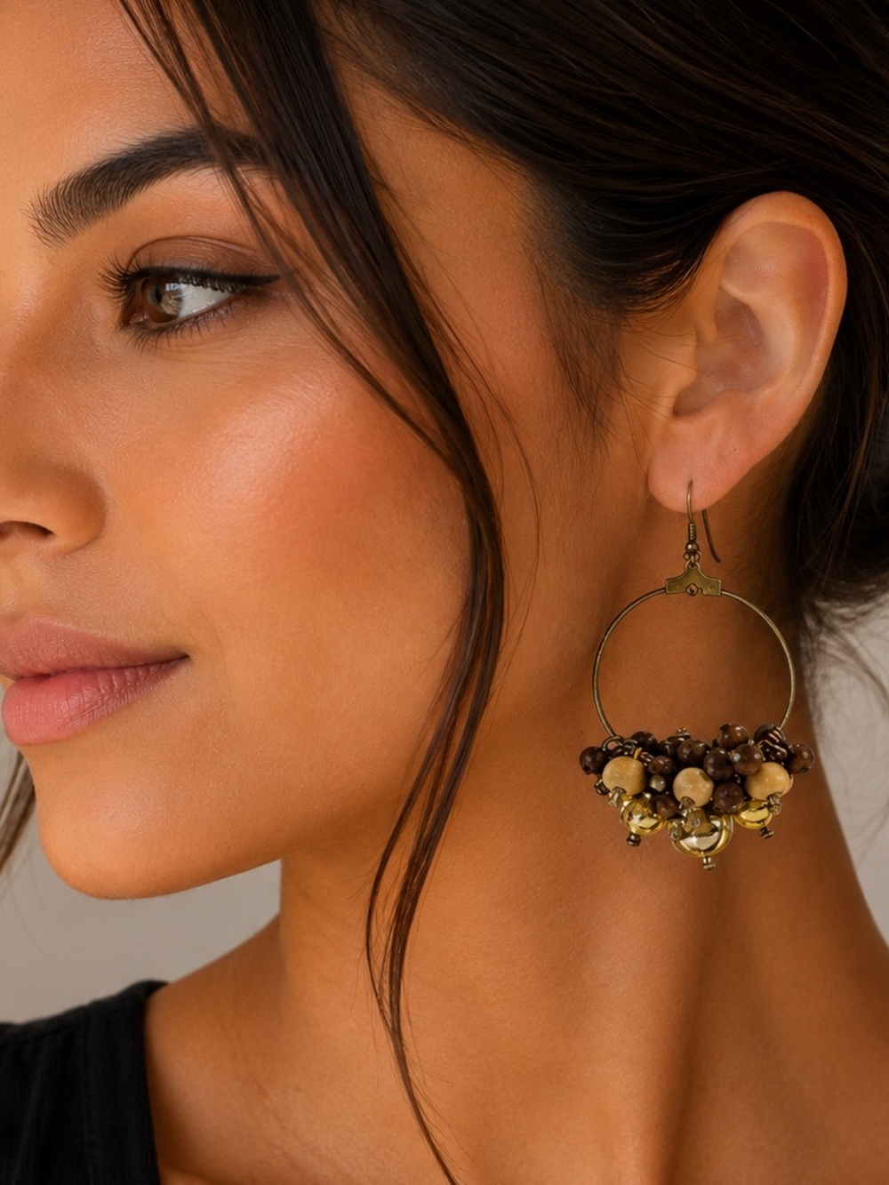 Gold Tone Hoop Brown Beaded Funky Boho Dangle Earrings